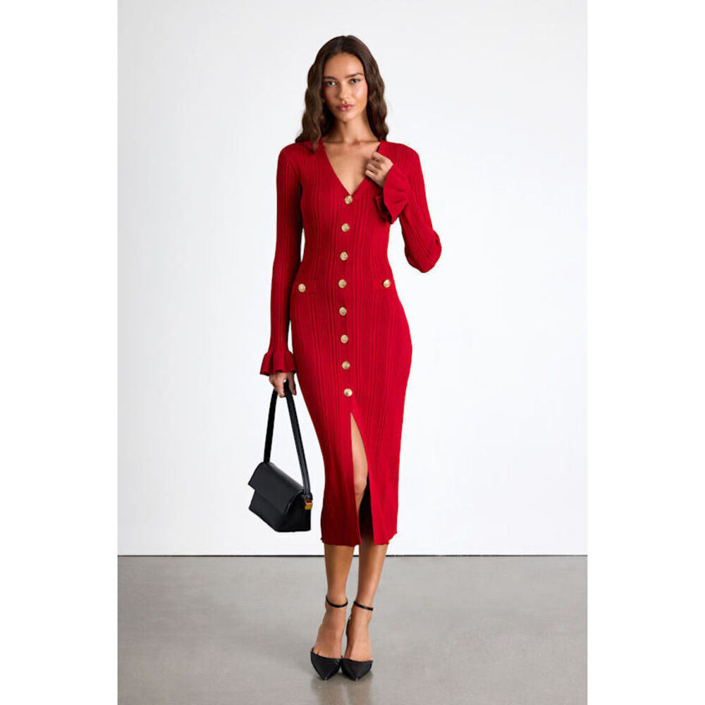 Lulus Dayena Red Ribbed Button-front Sweater Midi Dress - Size L